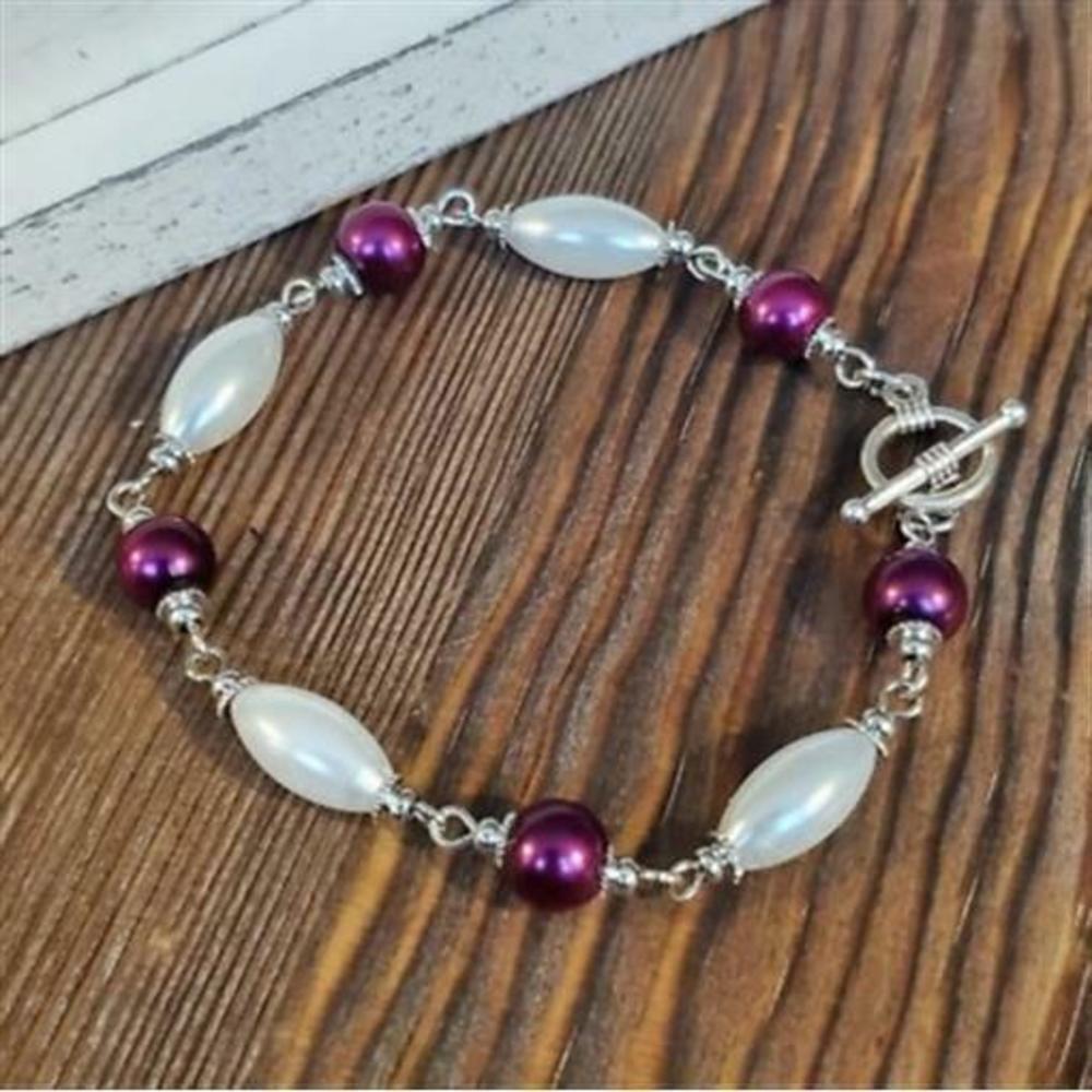 Glass Pearl Bracelet Silver White Purple